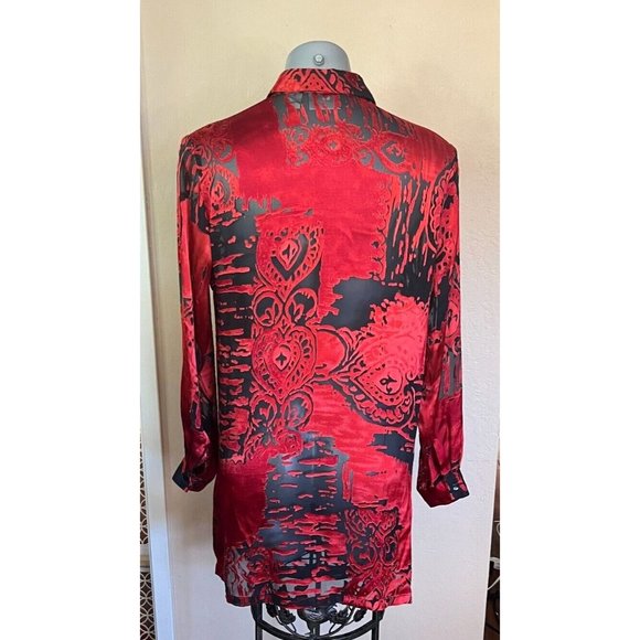 Chico's Design Sz 1 Red Black Floral Silk Top button Front Long Sleeve Split Hem - Picture 14 of 16